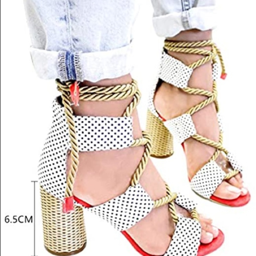 Polka Dot Strappy Heels with Gold Accents